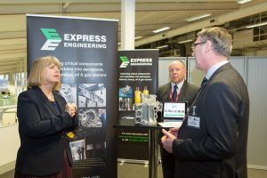 Neil Ransom (right) outlines Express Engineering’s credentials to Defence Procurement Minister, Harriett Baldwin, watched by Express Sales Manager, Paul Ellison.