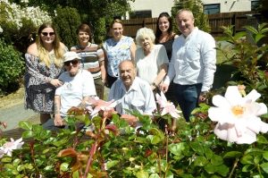 Picture Caption: (Front, seated) veterans Ernie Booker (left) and Jack Mays are joined by (back row, left to right) Laura Booker, Ernie’s granddaughter; Johanna Watts, from Coast and Country; Lindsay Boon, from Blind Veterans UK; Jean Mays, Jack’s wife; Hayley Bell, from Galliford Try Partnerships North and Brad Docherty, from One Landscapes Ltd.   