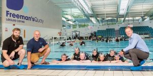 The boys getting ready for their Scuba training (Ben is third from the right in the pool), with Brett Kirby, Senior Youth Worker with Sacriston Youth Project (left); Paul Smith, Durham City Diving School (second left) and Graeme Walton, Contracts Manager from Partner Construction (right).