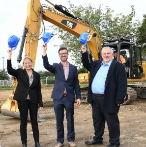 Getting work underway on the fourth phase of Sheffield Housing Company’s building programme are: (L/R) Janet Sharpe, Director for Housing and Neighbourhoods, Sheffield City Council; Steve Birch, Development Manager, Sheffield Housing Company and Cllr. Paul Wood, Cabinet Member for Housing and Neighbourhoods.  